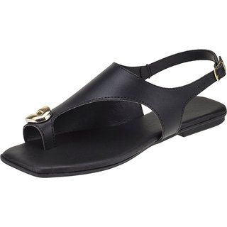 Sandália Feminina Rasteira com Detalhe Dourado Confortável e Elegante Preto