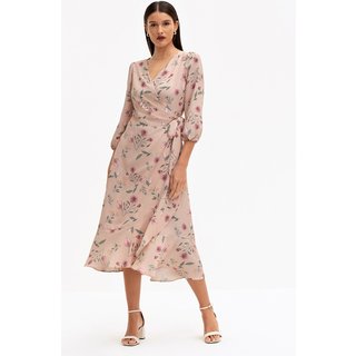 Vestido Principessa Midi em Crepe Estampado Rosê Floral Amber