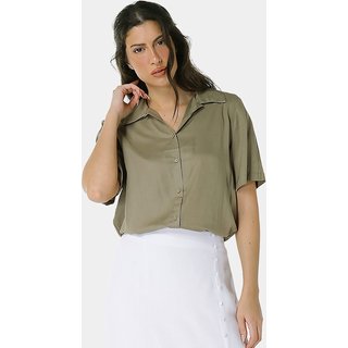 Camisa de Linho com Viscose Manga Curta Verde Sob