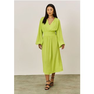 Vestido Iódice Solto Decote V Manga Longa Midi Verde