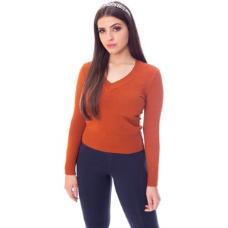 Blusa Moda Vício Decote V Manga Longa Tricô Caramelo
