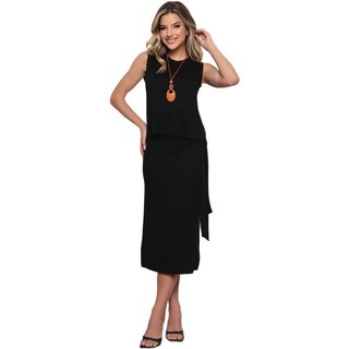 Conjunto Saia Midi e Blusa Sem Manga Dellamarca Gola Redonda Preto