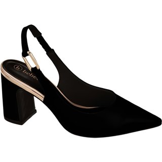 Sapato Feminino Slingback Preto Nobuck Bico Fino Salto Bloco Grosso cê