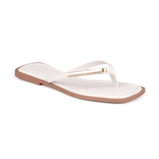 Rasteirinha Flat Off White De Dedo Laço Metálico Plana Bico Quadrado