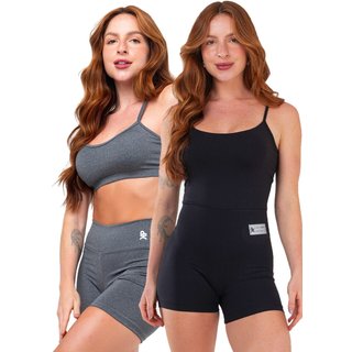 Kit Macaquinho Alcinha Costa Nua + Conjunto Fitness Top Alça Short Meia Coxa Zero Transparência - Preto + Cinza