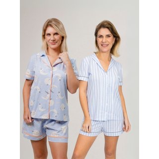KIT Pijama Americano Curto Listrado Azul + Pijama Americano Curto Lua Azul