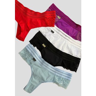 Kit 5 Calcinhas Fio Duplo Poliéster Lingerie Feminina Tanga Renda Lateral
