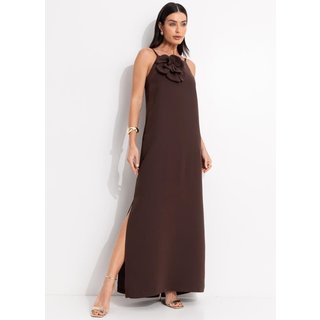 Vestido Em Crepe Plano Acetinado Marrom Quintess