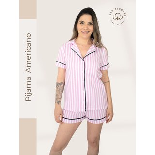 Pijama Americano Manga Curta Flávia - Listrado Rosa