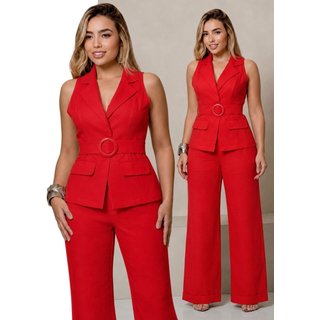 Conjunto Feminino Alfaiataria Colete Com Faixa e Calça - Vermelho