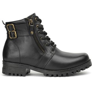 Bota Coturno Couro Feminino Cano Curto Salto Tratorado Baixo Zíper Cadarço Básica Casual Preto