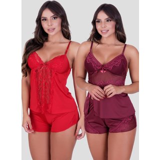 Kit Babydoll Básico + Babydoll Detalhes em Renda Vermelho e Vinho