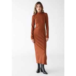 Vestido Longo Levosch Gola Alta Fenda Lateral Ribana Premium Caramelo