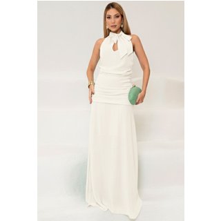 Vestido Linik Longo Crepe Drapiado C/Ziper Costa Off White