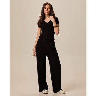 Calça Wide Leg Feminina Cintura Alta Em Malha Canelada De Viscose