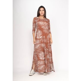 Vestido CabanaFree Boyrá Longo Malha Detalhe na Manga Estampa Palmas da Terra