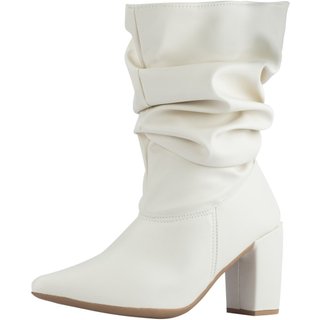 Bota Feminina Slouchy Lumiss Cano Médio Enrugado Confort Stretch Salto Alto Bico Fino Off White