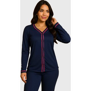 Pijama Blogueira Tetê Variedades Manga Longa Feminino Confortável Moda Casual Básico Azul Marinho