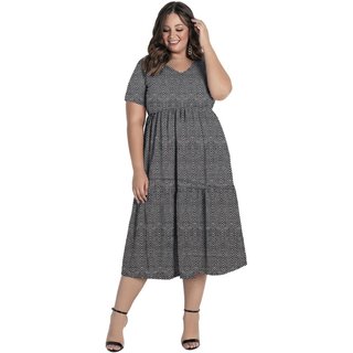 Vestido Midi Com Babados Plus Size Chevron Preto Marguerite