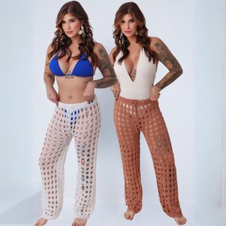 Kit 2 Calça Tricô Saída De Praia Feminina Pantalona Luxo Tendencia Branco-Marrom