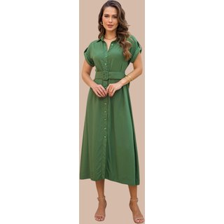 Chemise Midi Ícone Fashion Manga Curta com cinto Verde Oliva