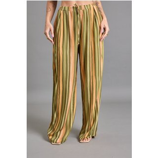 Calça Pantalona Verde Listrada em Viscose Leve Lemier Collection