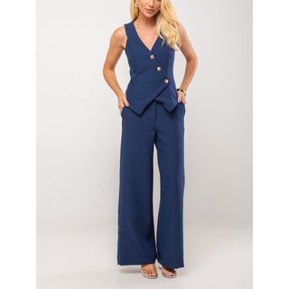 Conjunto Feminino Alfaiataria Elegante Calça e Colete com botões dourados Muy Linda Azul Marinho