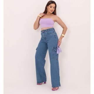 Calça Wide Leg Cargo Feminina CCW CENTRAL Confortavel e Pratica Azul