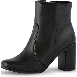 Bota Feminina Bico Quadrado Lumiss Salto Alto Grosso Coturno Cano Médio Confortável Zíper Preto