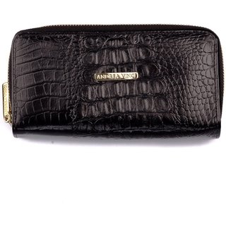 Carteira feminina de couro croco Tinna 10x19cm - Preto