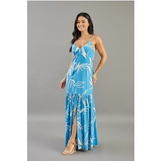 Vestido Longo Floral Com Abertura Feminino Lemier Collection Azul
