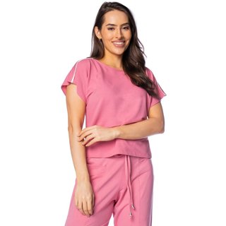 Blusa Feminina Giraffe Manga Curta com Filete na Manga Rosa