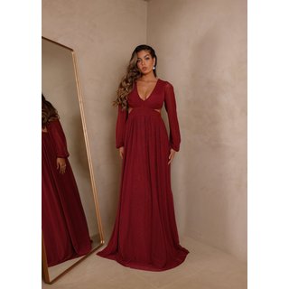 Vestido Longo de Festa Manga Longa Abertura Lateral Micro Tule Didyene Cia do Vestido Marsala