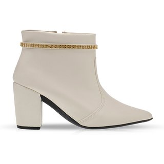 Bota Salto Grosso Feminina Cano Curto Bico Fino Coturno Strass Moda 205 Bege