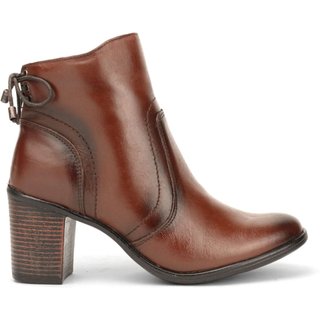Bota Couro Feminina Cano Curto Salto Médio 7cm Bloco Fachete Amarração Casual Pinhão
