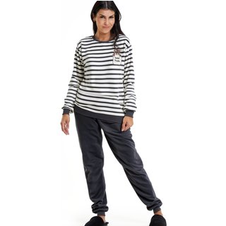Pijama Longo de Inverno Feminino em Soft Fleece Com Punho Teddy Listrado