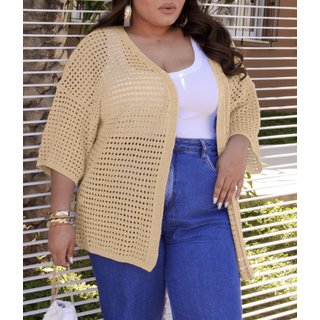 Casaco Cherry Line Kimono Vazado Plus Size Aberto Leve Manga Três Quartos Verão Tricot Areia