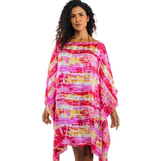 Vestido Kaftan Saída Amplo Crepe Acetinado Estampado Manchado Rosa
