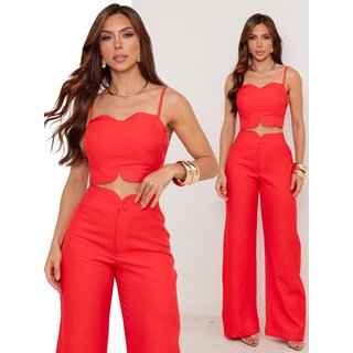 Conjunto Feminino Alfaiataria Divina Gata Cropped e Calça Pantalona - Vermelho