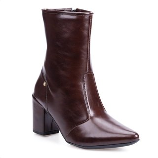 Bota Social Domidona Feminina Cano Curto Marrom Salto Alto Bloco Bico Fino