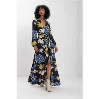 Vestido Longo Estampado Com Fenda E Amarração Na Gola