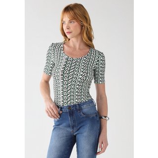 Blusa Feminina Lança Perfume Estampada Decote Redondo Preta e Branca e Verde