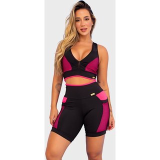 Conjunto Fitness Tarelles Top Short Bolso Tela Preto e Rosa Neon