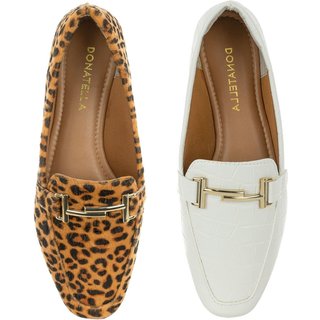 Kit 2 Pares Sapato Feminino Mocassim Donatella Shoes Bico Quadrado Confort Branco Croco e Onça