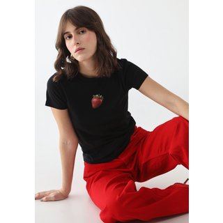 Camiseta Feminina Baby Tee Fiveblu Estampada Strawberry Preta