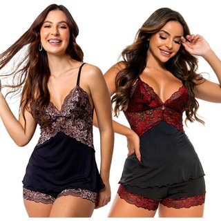 Kit 2 Baby Dolls Gabi Lingerie Poliamida Sem Bojo Short Renda Pijama Sexy Curto Multicolorido