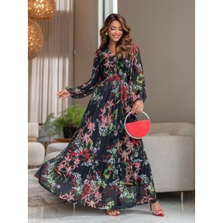 Vestido Elegante Longo de Tule para Festa Casamento Convidada Soltinho Verão Preto