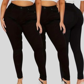 Kit 3 Calça Jeans Feminina Tex Jeans Plus Size Skinny com Elastano e Cintura Alta Preta