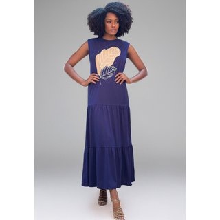 Vestido Cabanafree Longo Regata Curta Folha Azul