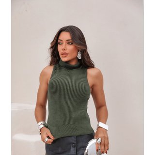 Blusa Regata Cherry Line Sem Mangas Gola Alta Tricot Trança Verde Musgo